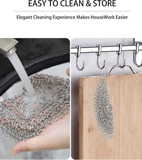Cast Iron Skillet Cleaner Chainmail, 2 Pack Premium Stainless Steel Scrubber for Pans and Glassware