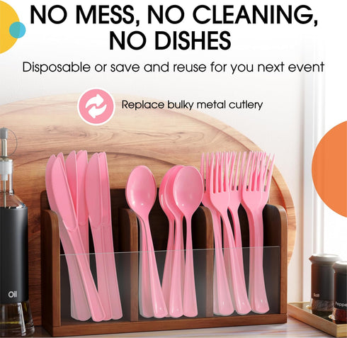 Party Solids 160 Set Sets, 80 40 40 Pink Plastic Silverware Heavy Duty Pcs Pink Plastic Cutlery Disposable Utensil
