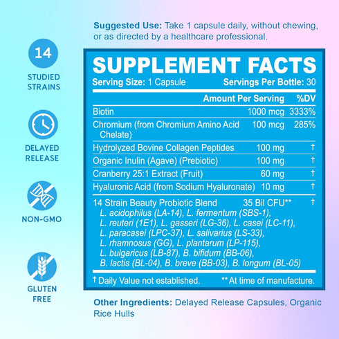 BioEmblem Beauty Probiotics for Women, 35 Billion CFU, 30 Caps for Digestive Health & Hair Skin