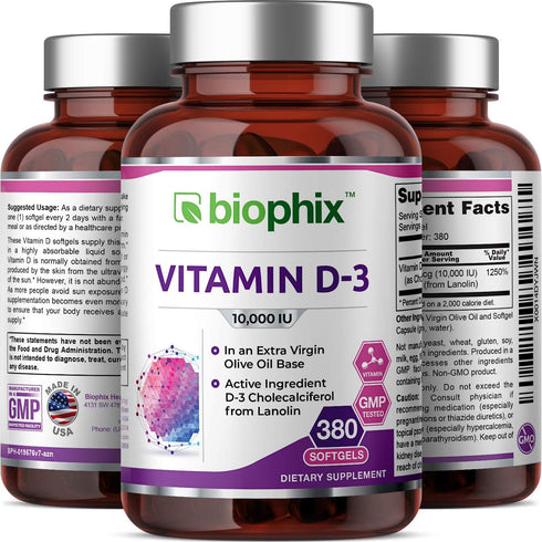 biophix Vitamin D-3 10000 IU | 380 Softgels | High-Potency in Extra Virgin Olive Oil | Non-GMO, Soy-Free for Strong