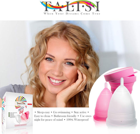Talisi Menstrual Cups Set of 2, Soft Reusable Period Kit with Collapsible Cleaner Silicone Sterilizer (Small & Large)