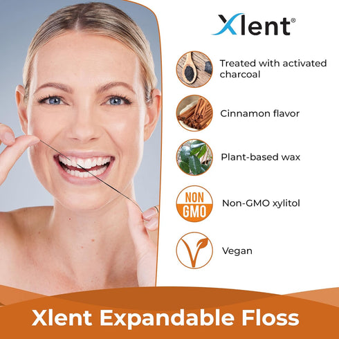 Xlent Pack 2 Expandable Floss Treated Activated Charcoal, Xylitol Natural Plant Based Wax in Cinnamonflavor