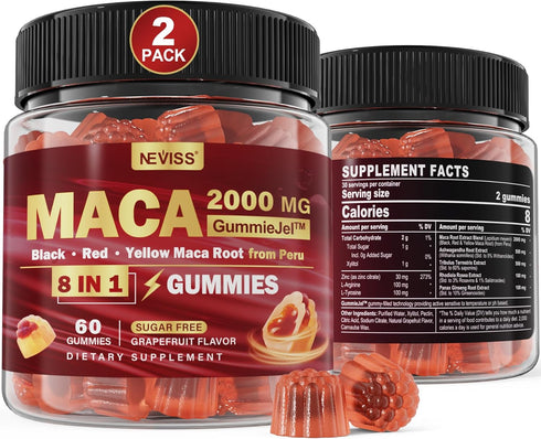 2 Pack Sugar Free Maca Root Gummies 2000mg with Ashwagandha, Tribulus Terrestris, Rhodiola & Panax Ginseng for Energy