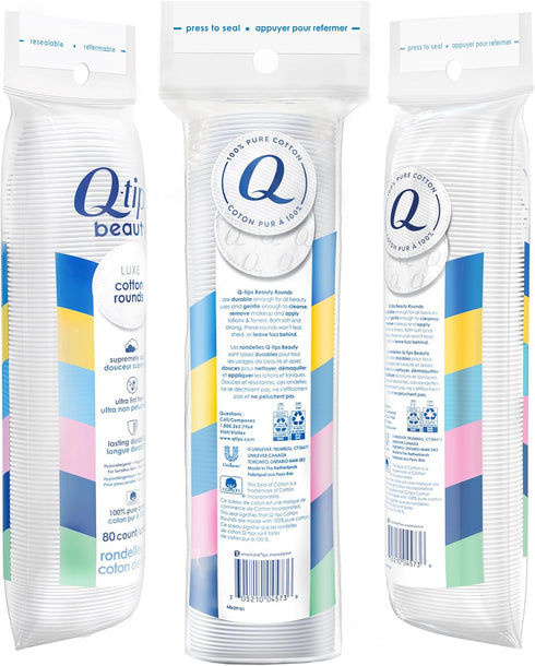 Q-Tips Beauty Luxe Cotton Rounds, 80 Count 4-Pack, Hypoallergenic Makeup Remover Pads