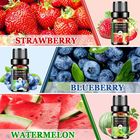 Set 6x10ML Fruity Essential Oils - Fruit Fragrance Oil for Diffuser, Aromatherapy, Candle Making - Strawberry, Cherry