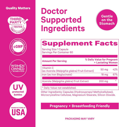 Pink Stork Prenatal Iron Supplement for Women, 18 mg Non-Constipating Iron & Vitamin C for Pregnancy, Postpartum, &