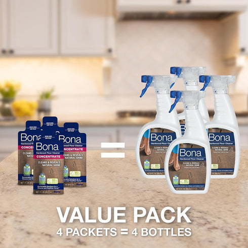 Bona Hardwood Floor Cleaner Concentrate, 1 fl oz - Unscented, Pack of 4 (Makes 128 fl oz) for Wood Floors