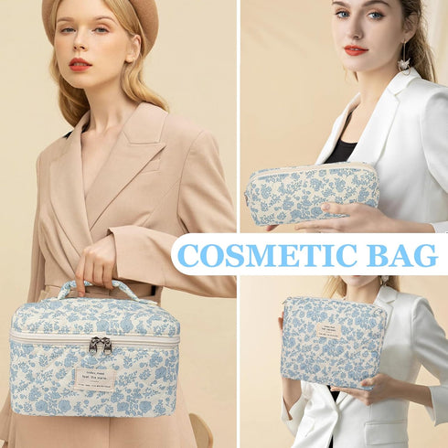 Makeup Bag Set, Quilted Large Floral Cosmetic Bag for Women, Cute Cotton Travel Toiletry Organizer Bag