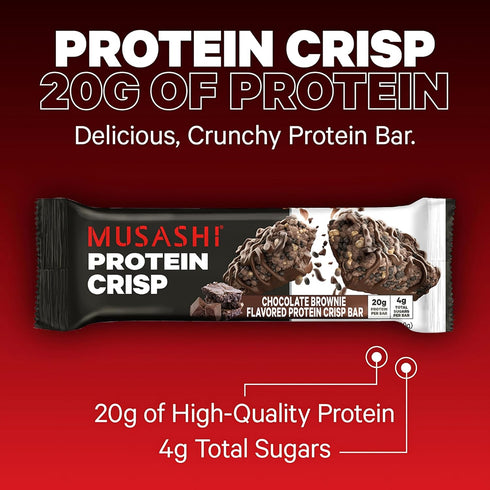MUSASHI Protein Crisp Bar, 20g Protein, Chocolate Brownie, Post Workout Snack, 12 Pack of 2.1oz Bars