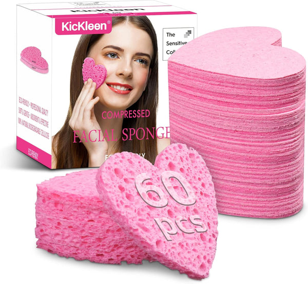 60-Count Kickleen Compressed Cellulose Heart Shape Facial Sponges, 100% Natural Cosmetic Spa Sponges for Cleansing
