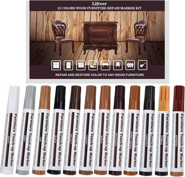 Lifreer Revolutionary Furniture Touch Up Markers Kit - 12 Colors for Stains, Scratches, Wood Floors, Tables, Bedposts