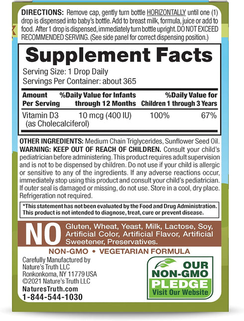 Vitamin D Drops for Infants, 400 IU, 9.2 mL by Nature's Truth | D3 Drops for Kids, Vegetarian, Non-GMO