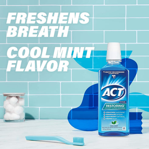 ACT Restoring Fluoride Mouthwash, 18 fl. oz., Strengthens Tooth Enamel, Cool Mint