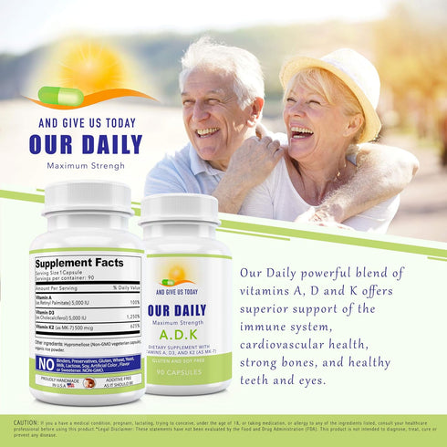 Our Daily Vites ADK Supplement - Vitamin A, D3 & K2 (as MK7) - Bone, Immune System Support - 180 CT Vegetable Capsules