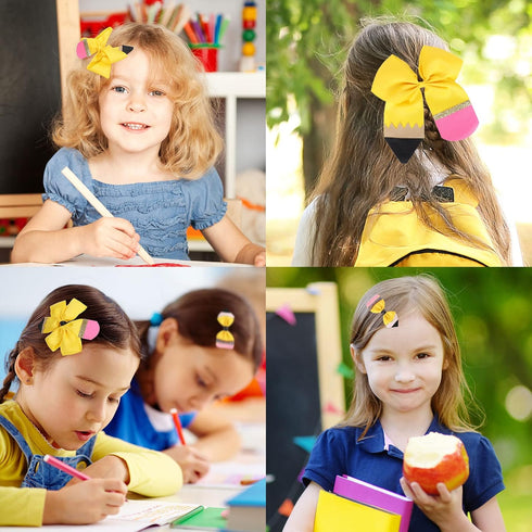 Whaline 5Pcs Back to School Yellow Pencil Hair Bow Clips, Jumbo Ribbon Grosgrain Hairgrips for Girls