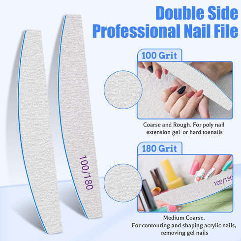 Poly Nail Extension Gel Files 100/180 Grit, 12 PCS Emery Boards for Acrylic Nails, Double-Sided Washable Manicure Tools