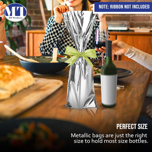 MT Products Silver Metallic Mylar Wine Gift Bags - Pack of 25, 6.5" x 18", Great for Wine Pull