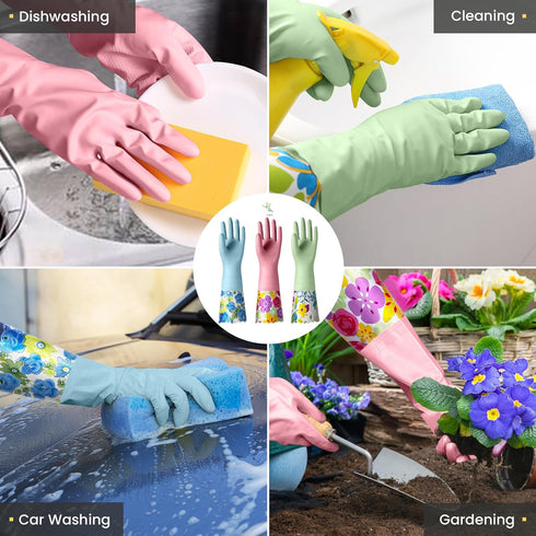 3 Pairs Rubber Cleaning Gloves, Reusable Dishwashing Gloves with Cotton Liner, Long Cuff 16" for Household Use