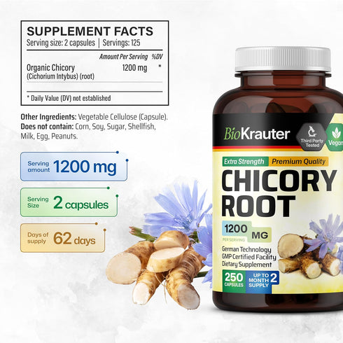 BIO KRAUTER Chicory Fiber Supplement - 1200 mg Strength, 250 Count, Chicory Root Powder, Vegan Inulin Capsules