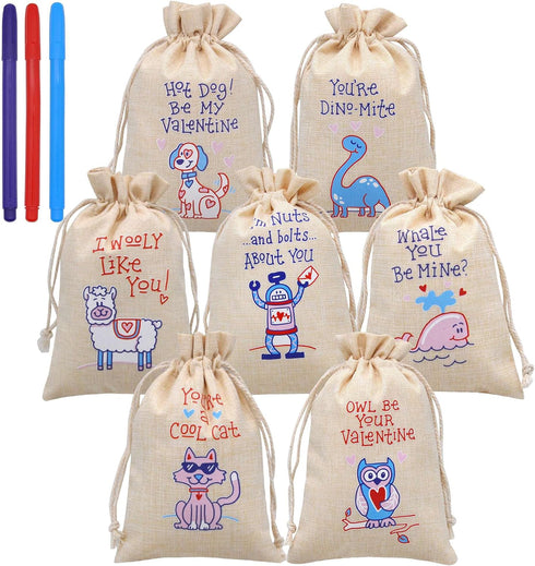 JOYIN 28 Pcs Valentine Drawstring Canvas Bags with 3 Pens, 4x5.75 Inch Pouch for Kids Party Favor