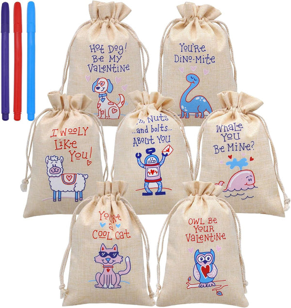 JOYIN 28 Pcs Valentine Drawstring Canvas Bags with 3 Pens, 4x5.75 Inch Pouch for Kids Party Favor