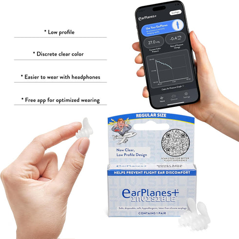 EarPlanes+ Clear Low-Profile Design Invisible Airplane Travel Ear Protection (Adult 1, Count)
