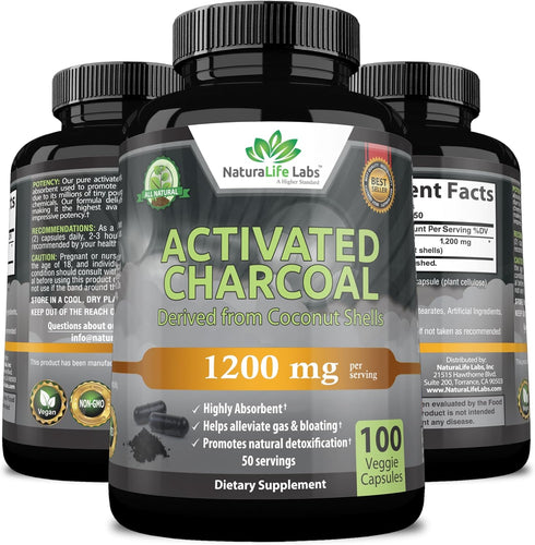 Activated Charcoal Capsules - 1,200 mg Vegan Supplement for Gas & Bloating, Natural Detox from Coconut Shells - 100