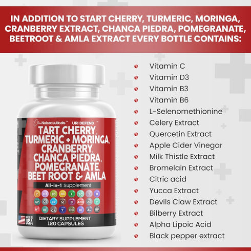Clean Nutraceuticals Tart Cherry Extract Capsules 20,000mg, 120 Ct - with Turmeric 8000mg, Moringa 4000mg, Cranberry