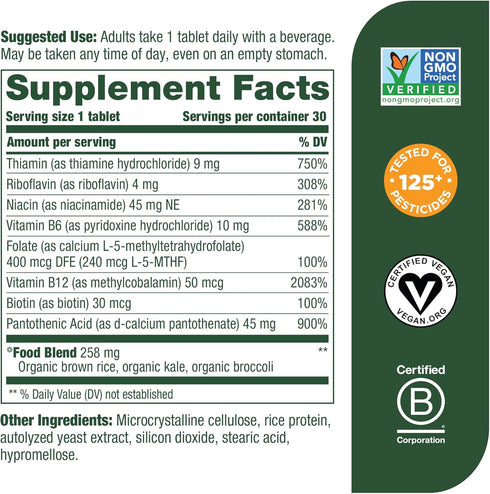 MegaFood Balanced B Complex - B Complex Vitamin Supplement - 8 B Vitamins Including Vitamin B6, Vitamin B12, Folate, Biotin & More - Supports Cellular Energy Production - Vegan, Gluten Free - 30 Tabs
