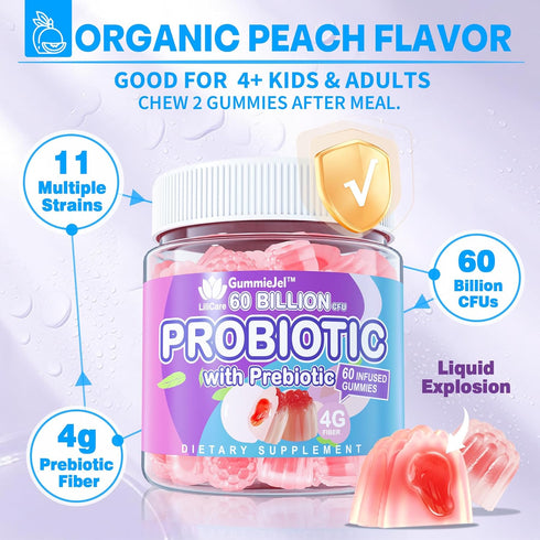 Sugar Free Probiotic Gummies - 60 Billion CFU, 11 Strains with Prebiotics Fiber for Digestive Health