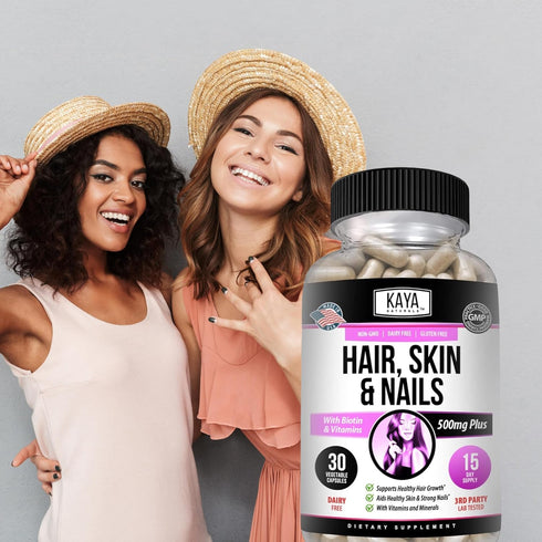 Kaya Naturals Hair Skin Nail Capsules with Biotin, 30 Count Capsules, Hair Support Vitamins, Vitamin D, B-12, Folic Acid