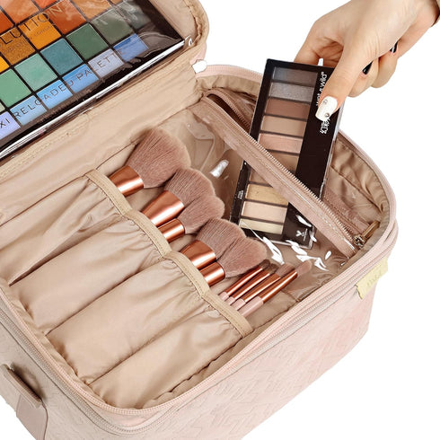 NISHEL Extra Large Double Layer Travel Makeup Bag for Women, Cosmetic Organizer Case with Shoulder Strap, Pink