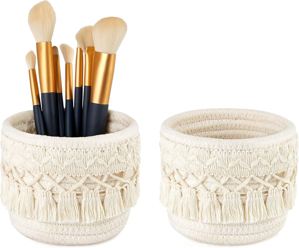 Mkono Macrame Makeup Brush Holder Organizer, Set of 2 Boho Decor Baskets for Pen Pencil Box Container, Ivory