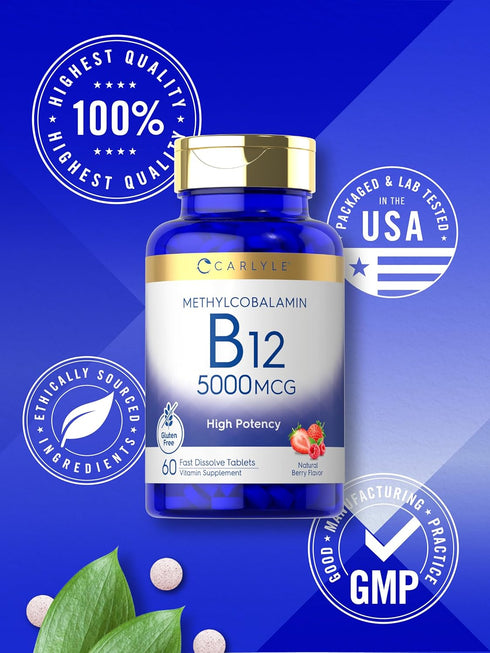 Carlyle Vitamin B-12 5000mcg | 60 Fast Dissolve Tablets | Vegetarian, Non-GMO, Gluten Free