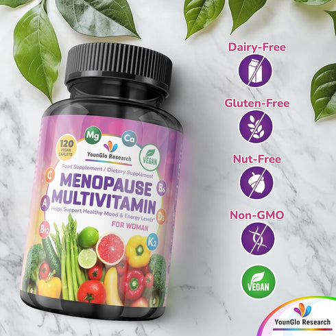 YounGlo Research 120 Menopause Supplement - Vegan Caplets - Menopause & Perimenopause Relief Support - Food and Dietary