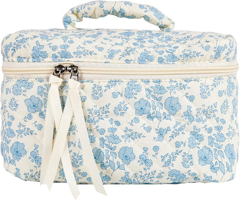Large Travel Makeup Bag, Quilted Floral Cotton Cosmetic Organizer for Women and Girls