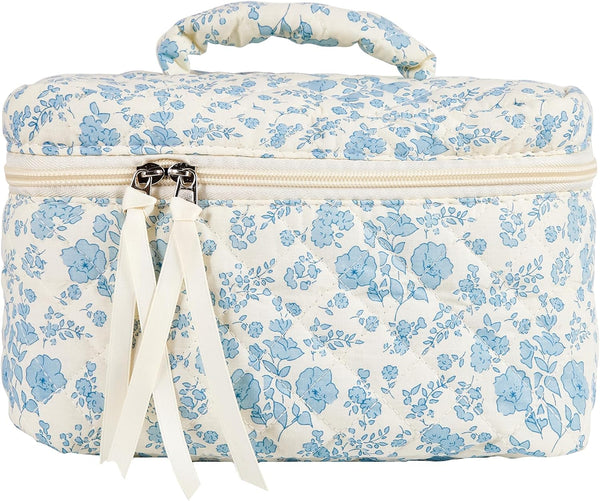 Large Travel Makeup Bag, Quilted Floral Cotton Cosmetic Organizer for Women and Girls