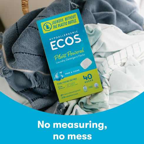 ECOS Laundry Detergent Packs, 80 Loads - Hypoallergenic, 100% Plastic Free Packaging, Free & Clear