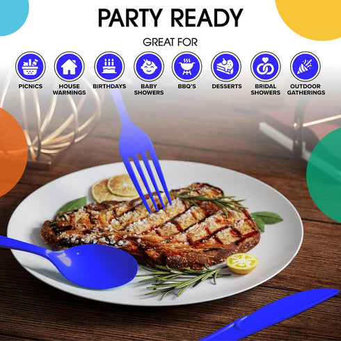 150 Pack Heavy Duty Dark Blue Plastic Cutlery Set, 50 Forks, 50 Spoons, 50 Knives for Party Supplies