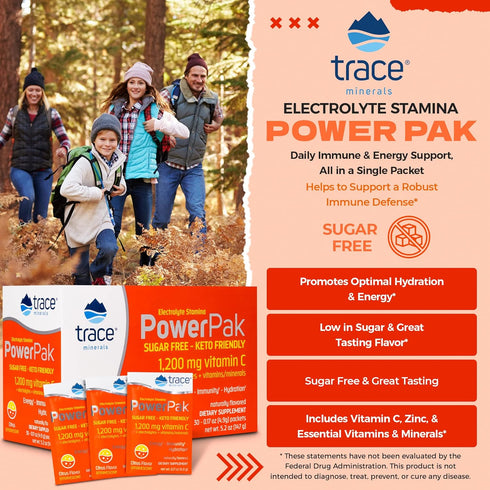 Trace Minerals Power Pak Sugar Free Electrolyte Powder Packets | 1200 mg Vitamin C, Zinc, Magnesium | 30 Packets,