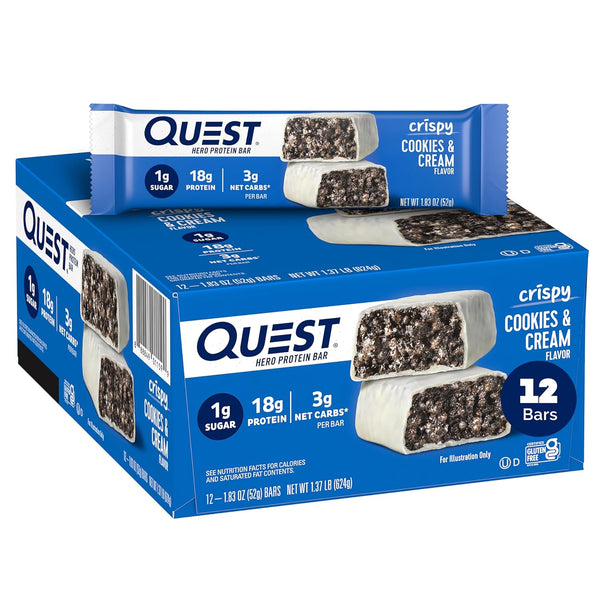 Quest Nutrition Crispy Cookies & Cream Hero Protein Bar, 18g Protein, 1g Sugar, 3g Net Carb, Keto Friendly, 12 Count
