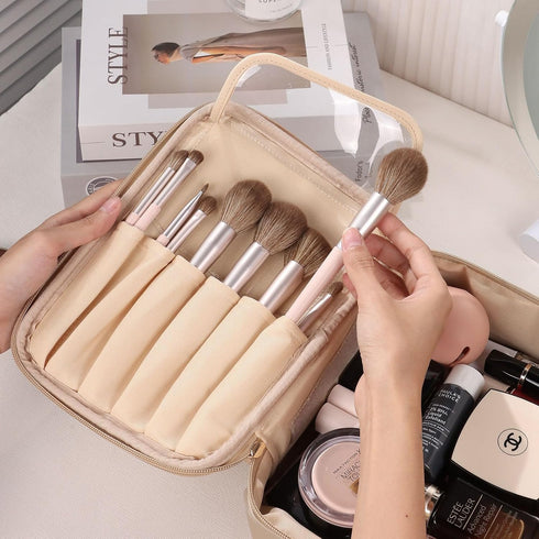 Pocmimut Travel Makeup Bag - Leather Cosmetic Organizer for Women, Large Makeup Bag with Brush Holder (Apricot)