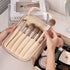 Pocmimut Travel Makeup Bag - Leather Cosmetic Organizer for Women, Large Makeup Bag with Brush Holder (Apricot)