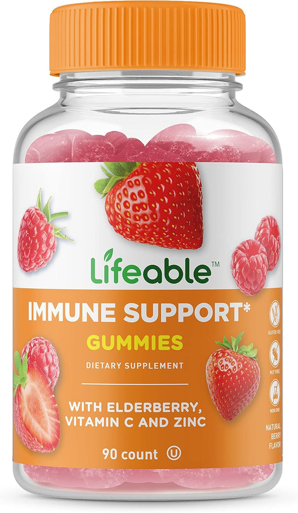 Lifeable Immune Support Gummies - 90 Gummies - with Elderberry, Vitamin C and Zinc - Natural Flavor