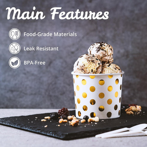 MATICAN 50-Count Paper Ice Cream Cups, 11-Oz Disposable Dessert Bowls for Hot or Cold Food, Gold Foil Polka Dots