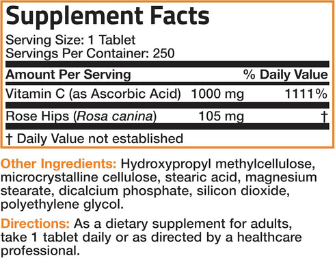 Bronson Vitamin C 1000 mg with Rose HIPS, Sustained Release, 250 Tablets
