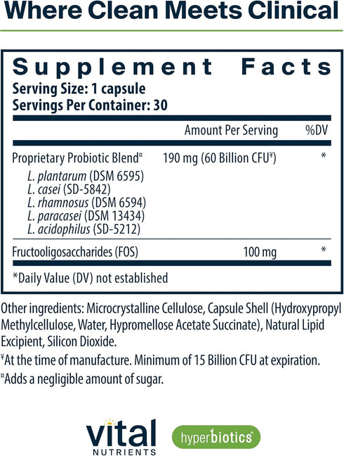 Hyperbiotics Vital Nutrients Prebiotic and Probiotic for Women and Men, 60 Billion CFU, 30 Vegan Capsules