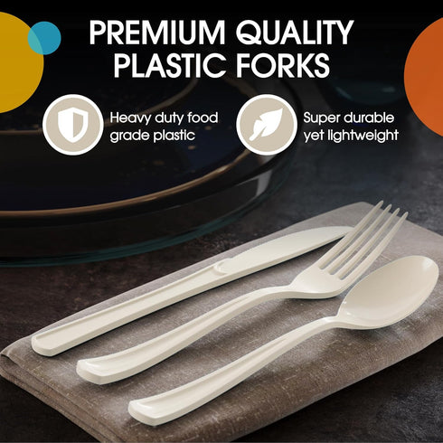 150 Pack Ivory Plastic Cutlery Set, Heavy Duty Disposable Utensil Sets, 50 Forks, 50 Spoons, 50 Knives for Party
