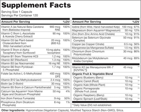 NATURELO One Daily Multivitamin for Women - Energy Support, Whole Food Supplement, 120 Capsules, Non-GMO