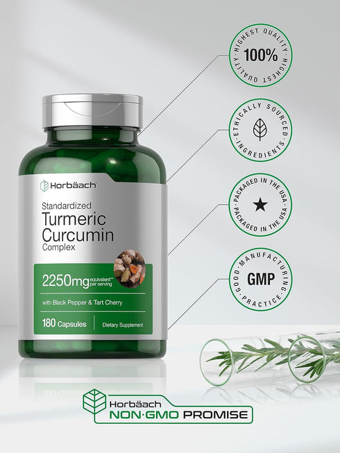 Horbaeach Turmeric Supplement with Black Pepper 2250mg | 180 Capsules | Non-GMO, Gluten Free